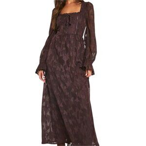 Boohoo Brown Textured Puff Sleeve Milkmaid Maxi Dress Cottagecore Women's Size 8